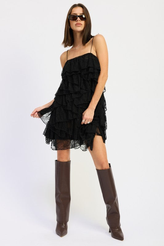 Emory Park Black Ruffled Mini Dress with Adjustable Straps and Layered Design