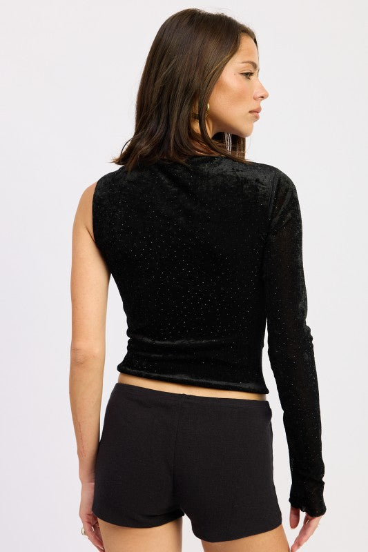Emory Park Black Long Sleeve Top with Shiny Texture and One Shoulder Design for a Stylish Look