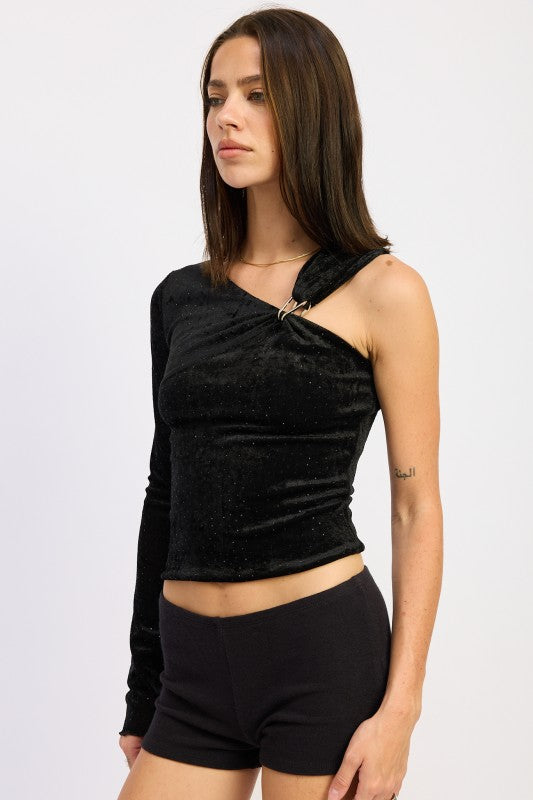 Emory Park Black One-Shoulder Velvet Top with Metallic Detailing for Stylish Outfits