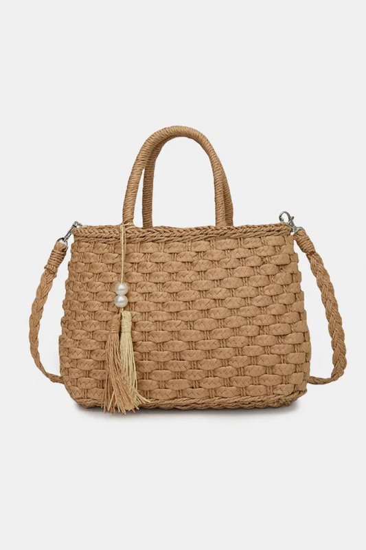 Braided Strap Shoulder Bag in Natural Color with Decorative Tassel and Pearl Accent