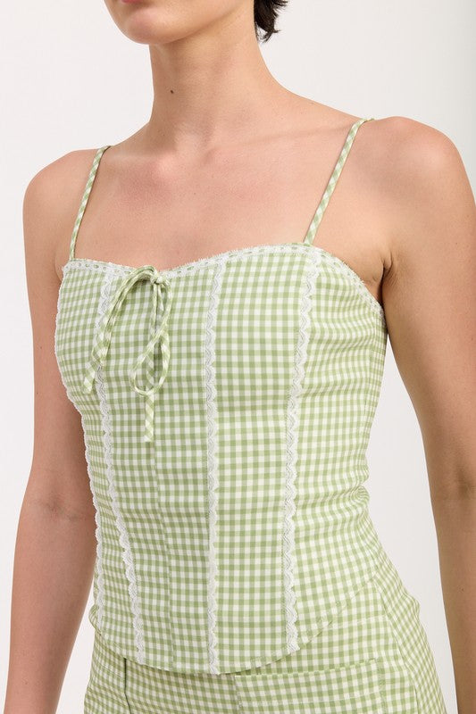 Emory Park green and white Gingham Bustier Top With Back Tie featuring thin straps and lace detailing