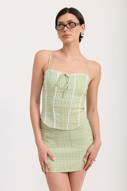 Emory Park Gingham Bustier Top With Back Tie in light green and white worn with matching skirt