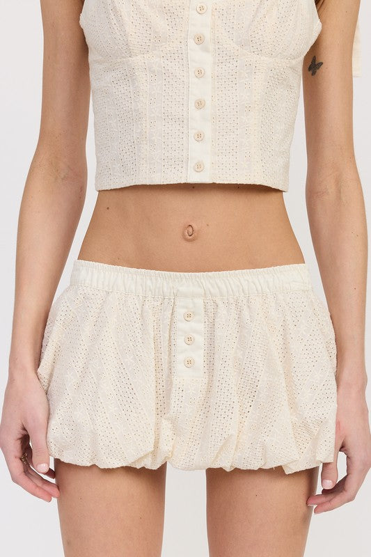 Emory Park Bubble Mini Skirt With Elastic Waistband in cream eyelet fabric styled with matching top
