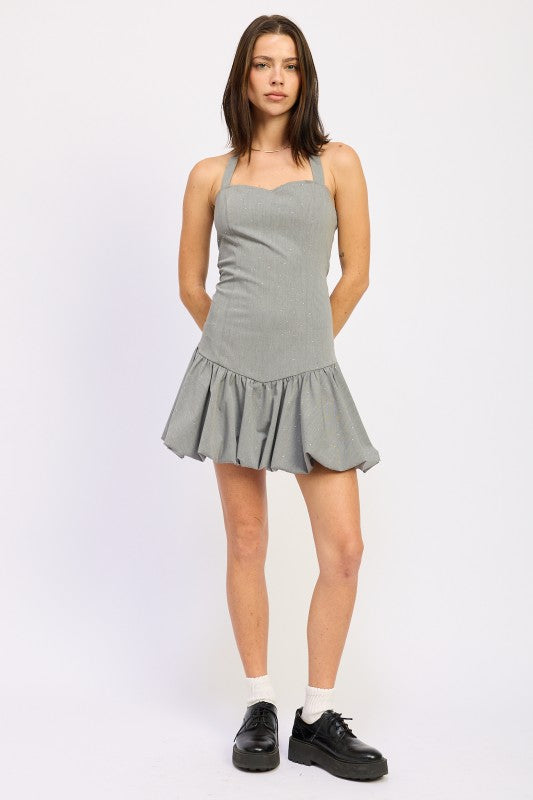 Emory Park Bubble Skirt Dress With Rhinestones in Gray with Halter Neckline