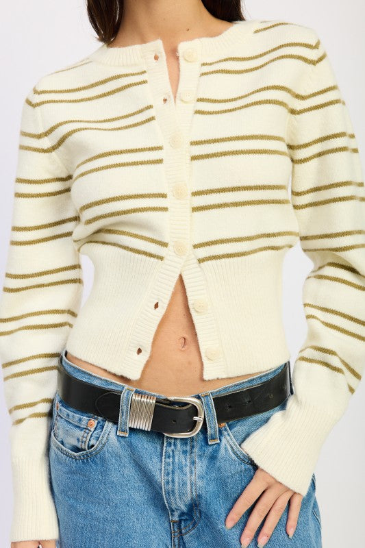 Emory Park Button Down Stripped Cardigan in cream and olive, featuring a cropped fit and ribbed cuffs
