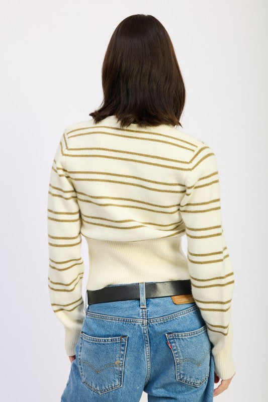 Emory Park Button Down Stripped Cardigan in cream and gold stripes, featuring a fitted design and ribbed cuffs