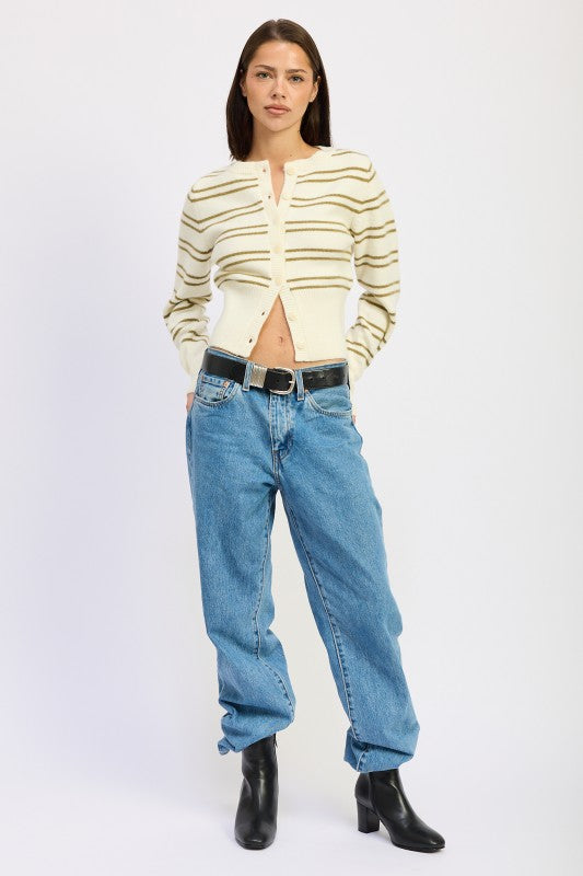 Emory Park Button Down Stripped Cardigan in cream and green paired with high-waisted jeans and ankle boots