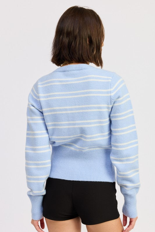 Emory Park Button Down Stripped Cardigan in light blue with white stripes and relaxed fit