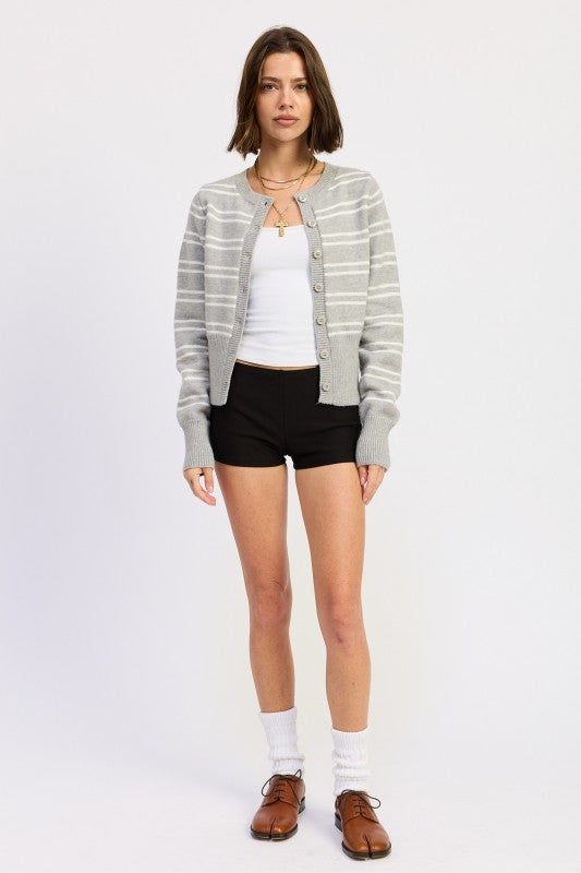 Emory Park Button Down Stripped Cardigan in gray and white with a casual fit, paired with shorts