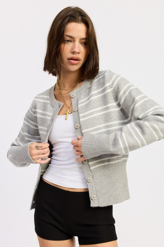 Emory Park Button Down Stripped Cardigan in gray with white stripes, perfect for layering and casual wear.