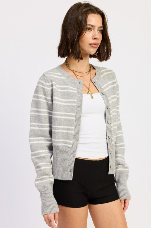 Emory Park Button Down Stripped Cardigan in grey with soft fabric and long sleeves for casual wear
