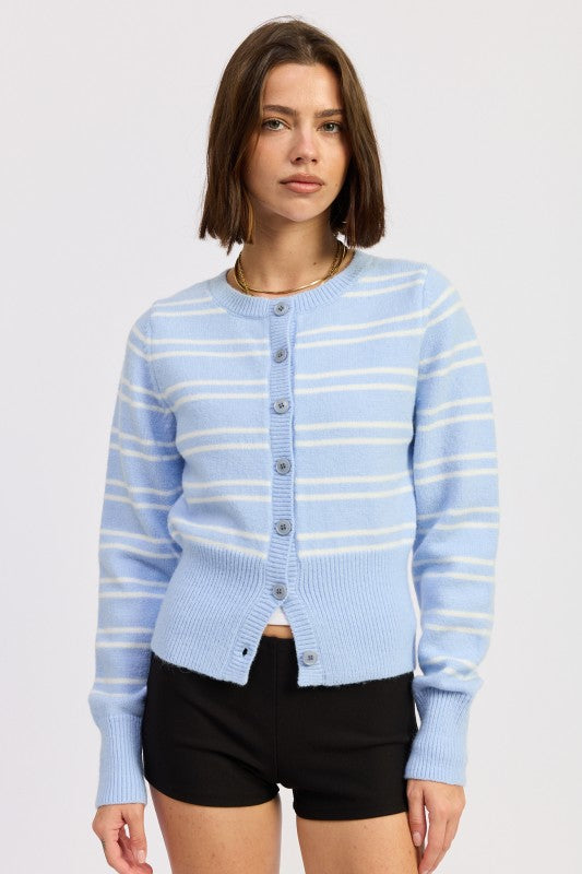 Emory Park Button Down Stripped Cardigan in light blue with white stripes, perfect for casual outfits