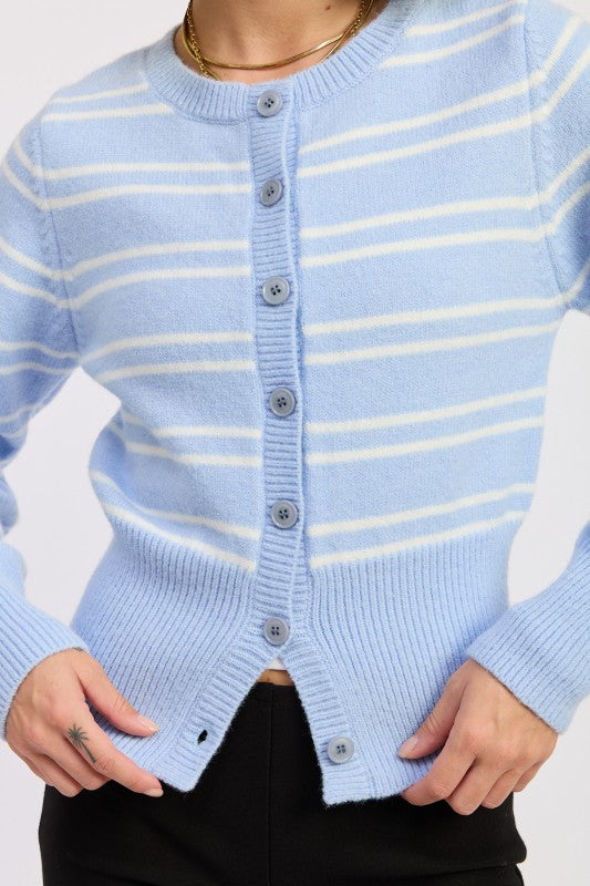 Emory Park Button Down Stripped Cardigan in light blue with white stripes and button closure