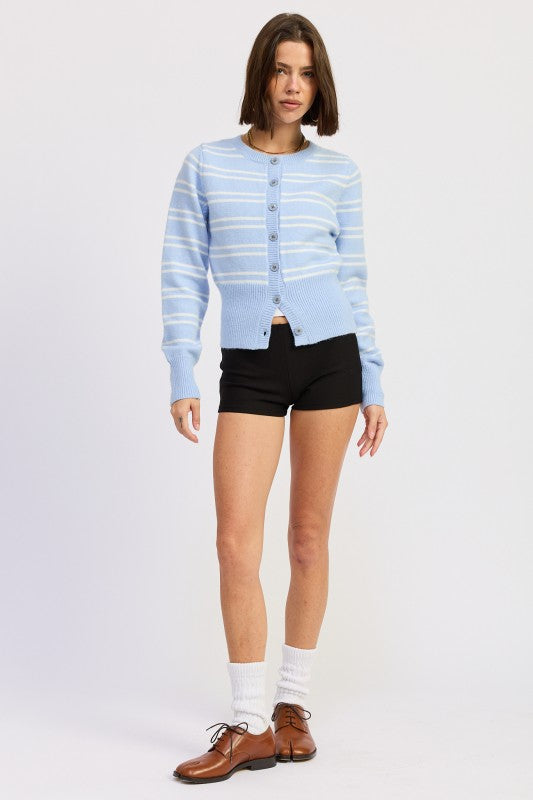 Emory Park Button Down Stripped Cardigan in light blue with white stripes and long sleeves
