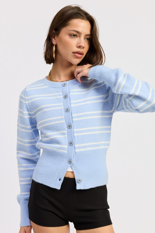 Emory Park Button Down Stripped Cardigan in light blue with white stripes and fitted design