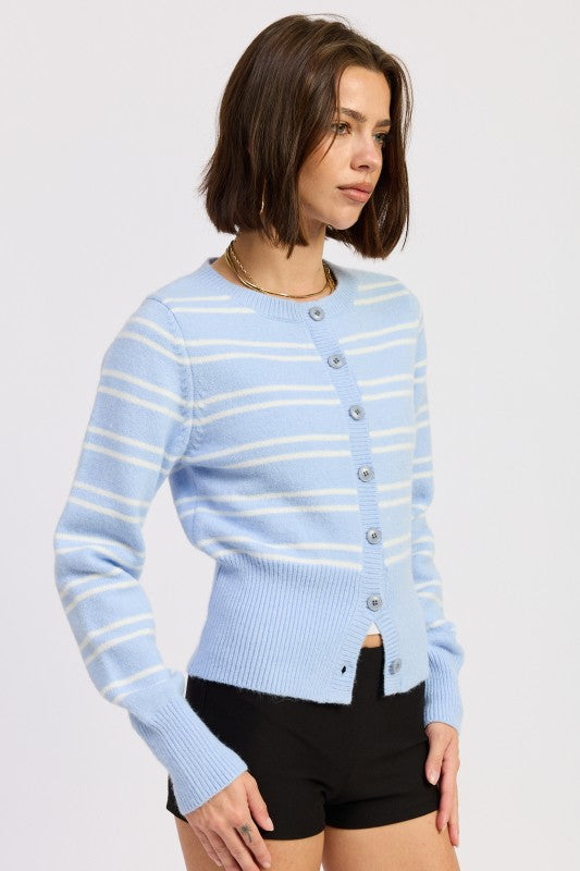 Emory Park Button Down Stripped Cardigan in light blue with white stripes and ribbed hem