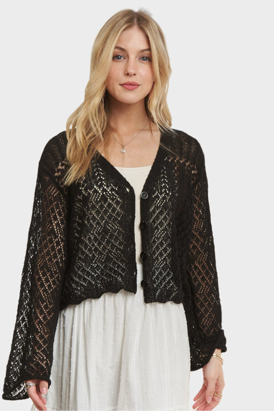 Button Knit Crochet Cardigan in Black with Open Knit Design for Stylish Layering