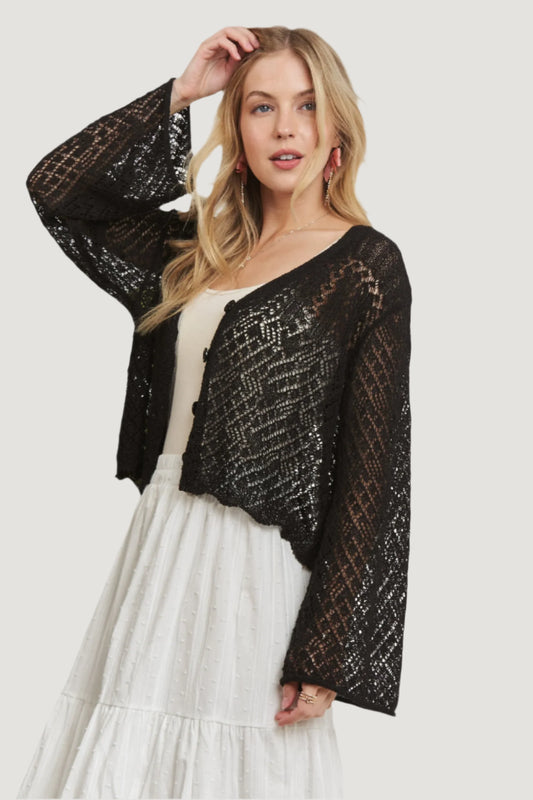 Button Knit Crochet Cardigan in Black with Open Weave Design and Bell Sleeves