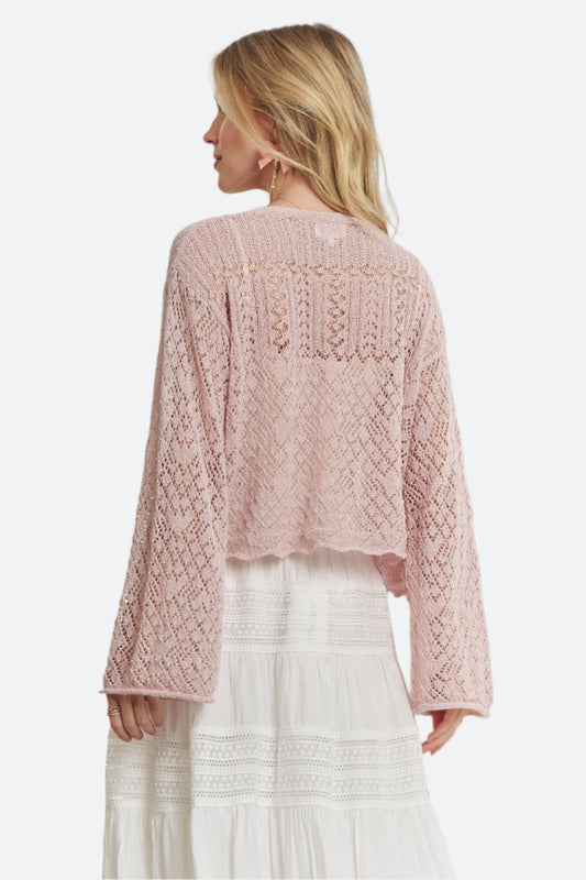 Button Knit Crochet Cardigan in Soft Pink with Open Back Design and Bell Sleeves