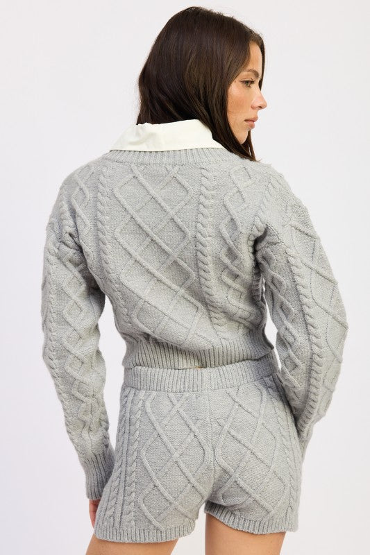 Emory Park Cable Knit Cropped Sweater in gray with a stylish collar and textured patterns