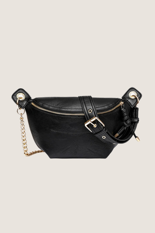 Black chain strap sling bag with a stylish zipper and gold hardware for everyday use
