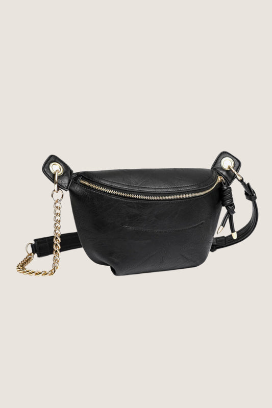Stylish black chain strap sling bag with gold accents and functional zipper for modern fashion