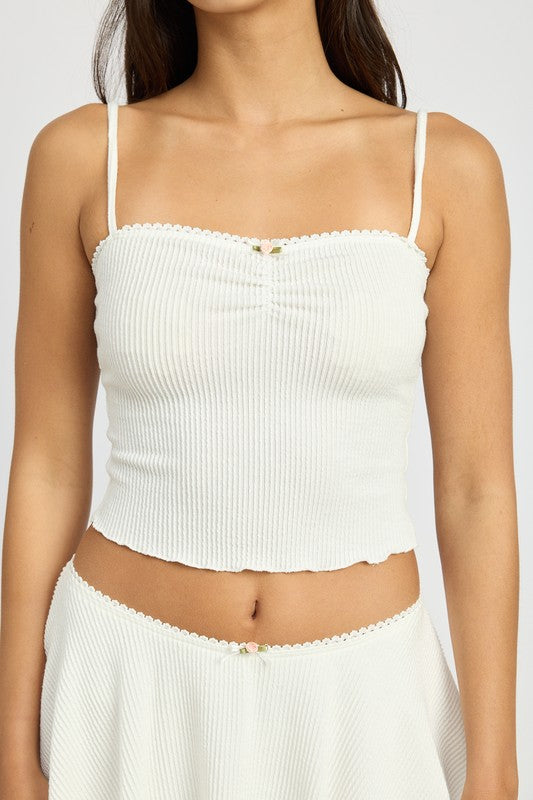 Emory Park white ribbed Cinch Front Cami Top with adjustable thin straps and scalloped edges
