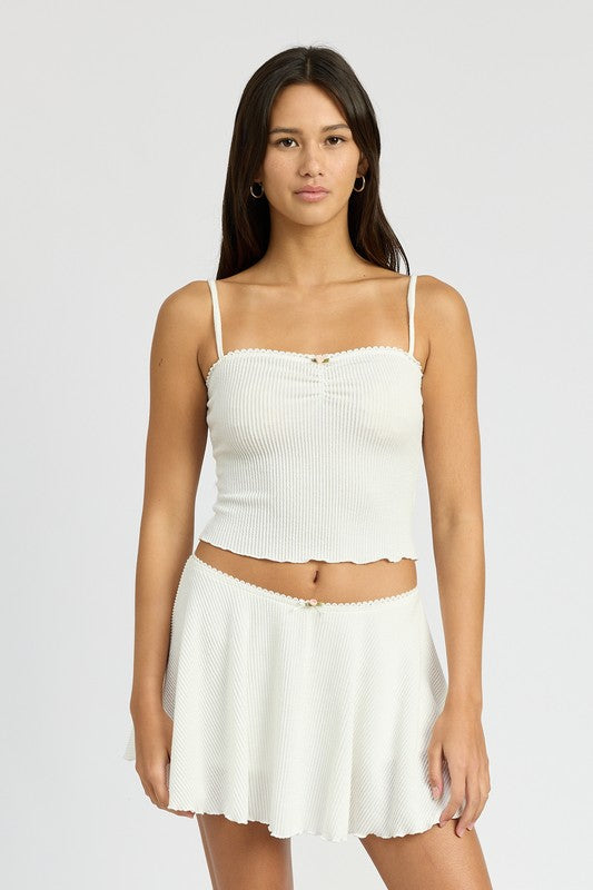 Emory Park white ribbed Cinch Front Cami Top with thin straps on model
