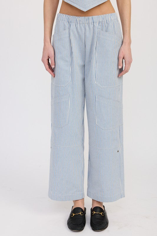 Emory Park Cinched Twill Pants With Wide Leg in blue and white stripes with elastic waistband