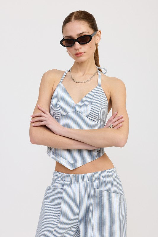 Emory Park Cinched Twill Pants With Wide Leg in blue and white striped fabric worn by model with matching halter top