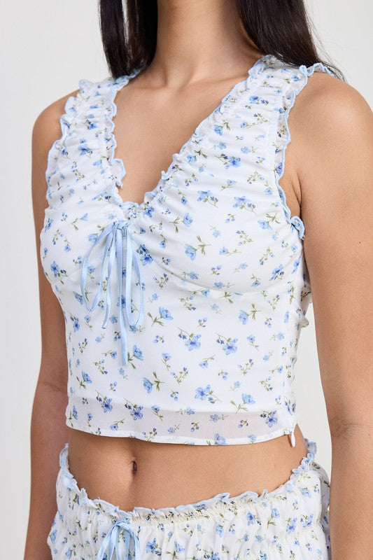 Emory Park ruched floral top with bow detail in white with blue flowers and ruffled edges