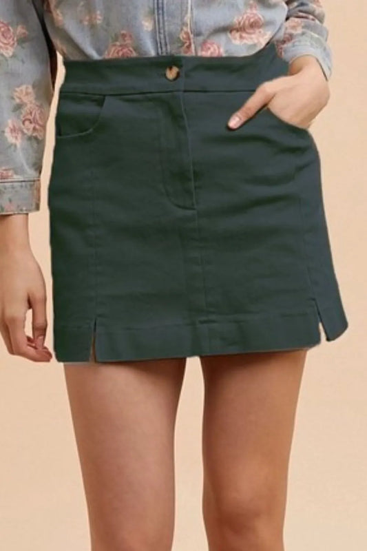 Cotton Mini Skirt in Dark Green with Front Pockets and Side Slits for a Stylish Look