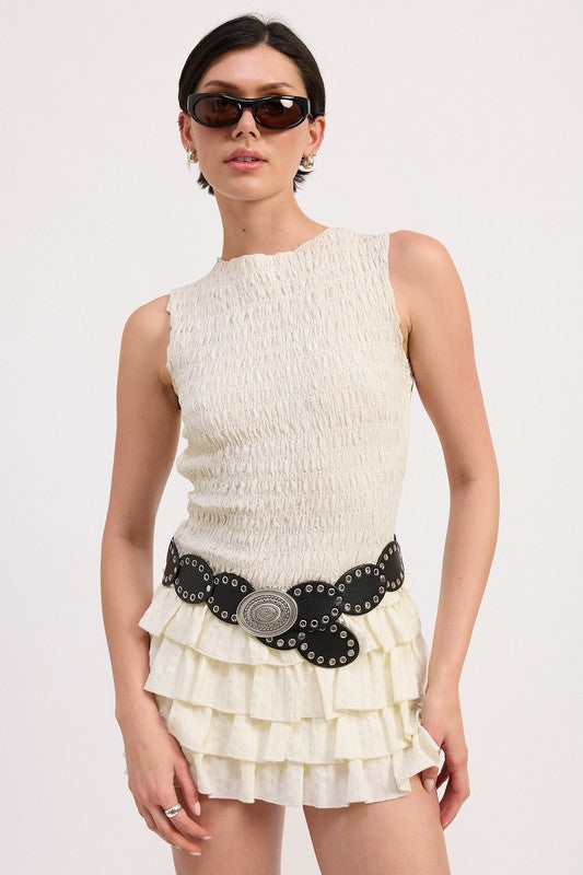 Emory Park tiered ruffle mini skirt in cream with layered design and black decorative belt