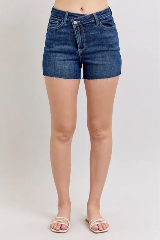Criss-Cross Waist Denim Shorts in a classic blue wash, perfect for summer styling