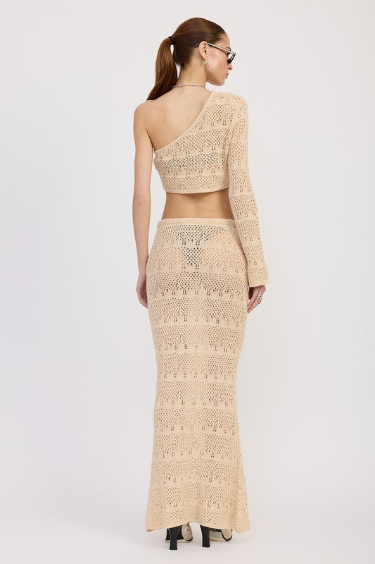 Emory Park Crochet Maxi Skirt With Waist Drawstrings in beige worn by model with one-shoulder top