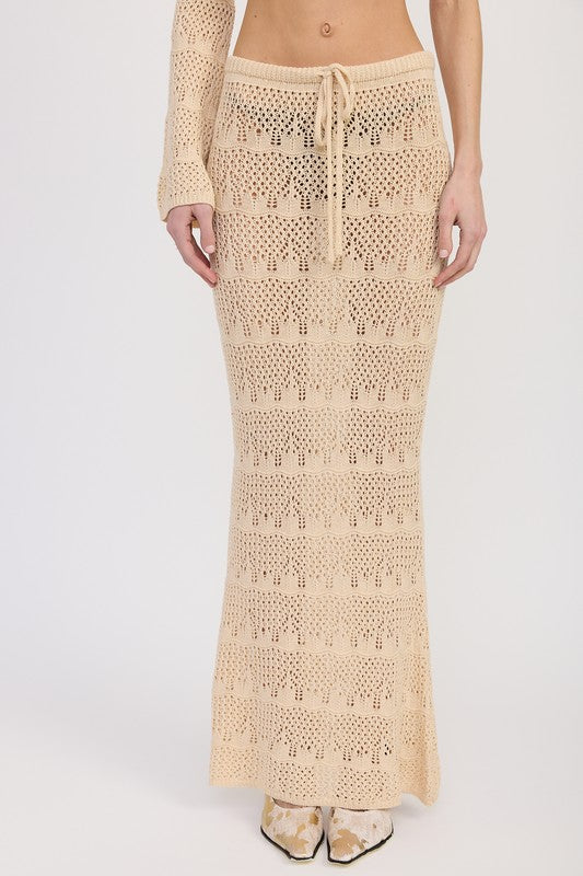 Emory Park Crochet Maxi Skirt With Waist Drawstrings in beige knit pattern styling
