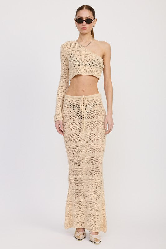 Emory Park Crochet Maxi Skirt With Waist Drawstrings in beige worn with one shoulder crochet top