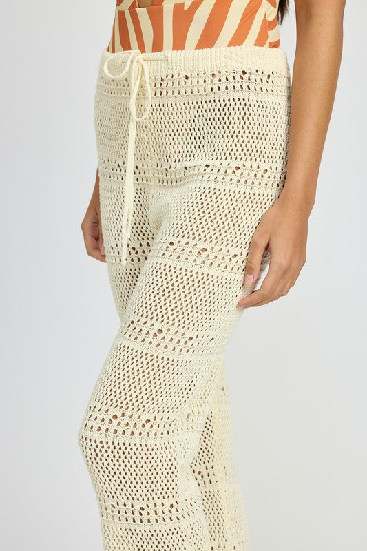 Emory Park Crochet Pants With Drawstrings in cream with open knit pattern and relaxed fit