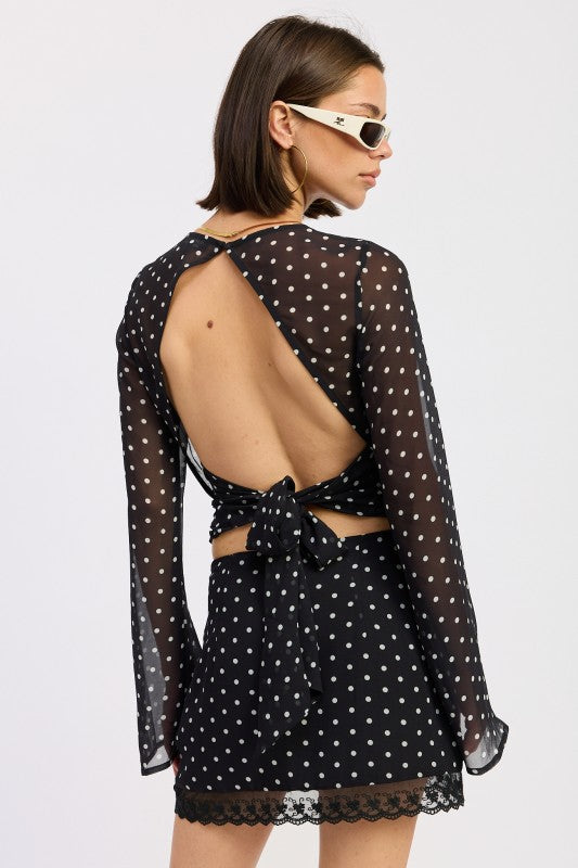 Emory Park Cropped Polka Dot Sheer Top with Back Tie Detail and Long Sleeves