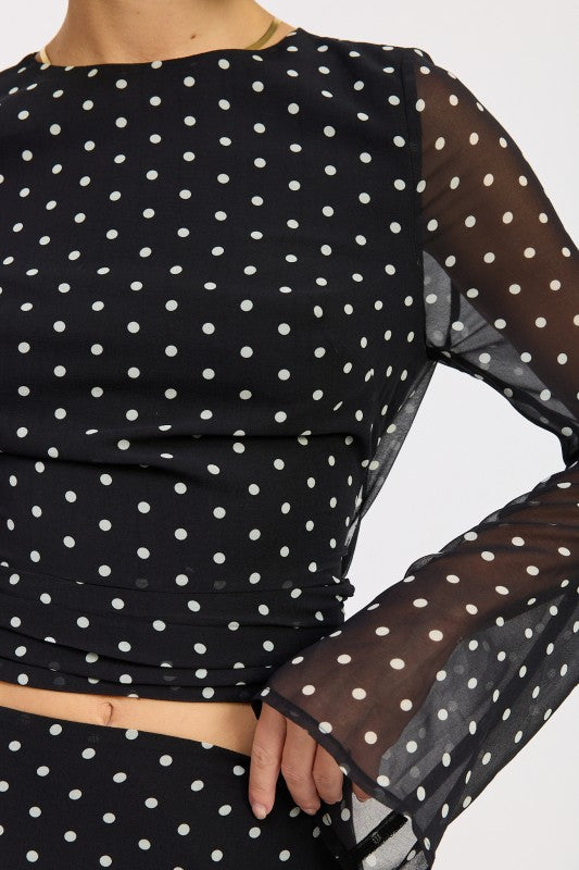 Cropped Polka Dot Sheer Top by Emory Park with long sheer sleeves and stylish black polka dot pattern