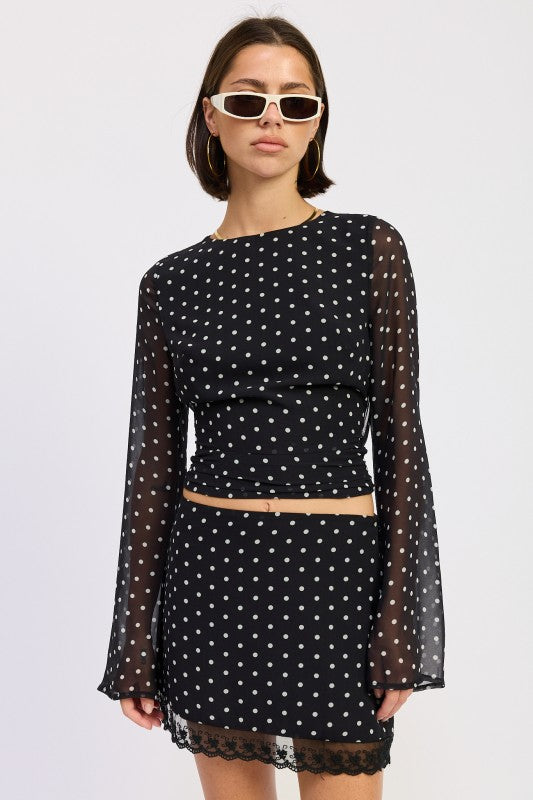 Emory Park Cropped Polka Dot Sheer Top with Long Bell Sleeves and a Slim Fit for Stylish Outfits