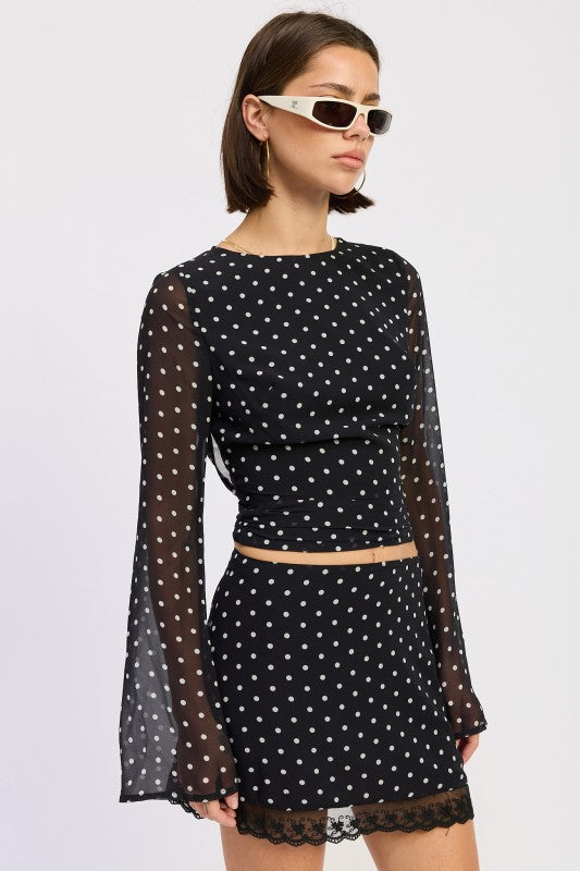 Emory Park Cropped Polka Dot Sheer Top with Long Sleeve and Lace Trim for a Stylish Look