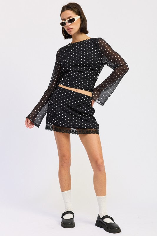 Cropped Polka Dot Sheer Top in Black with Long Sleeves and Matching Skirt for Stylish Outfits by Emory Park