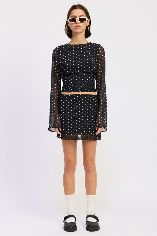 Emory Park Cropped Polka Dot Sheer Top with Flared Sleeves paired with a matching skirt