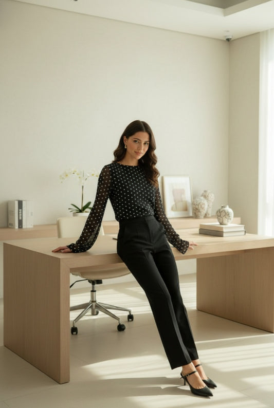 Model wearing Emory Park Cropped Polka Dot Sheer Black Top with Flared Sleeves paired with trousers and heels leaning on desk in luxury minimalist office
