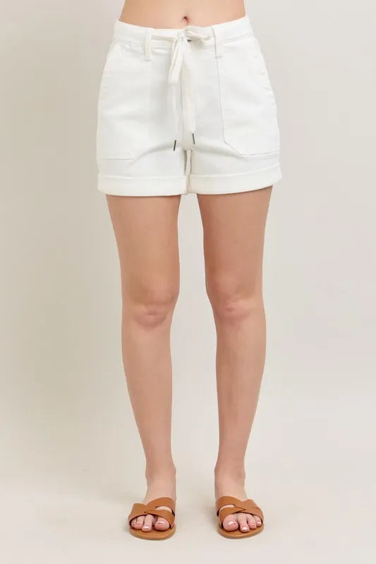 Cuffed Drawstring Denim Shorts in white with front pockets and a relaxed fit
