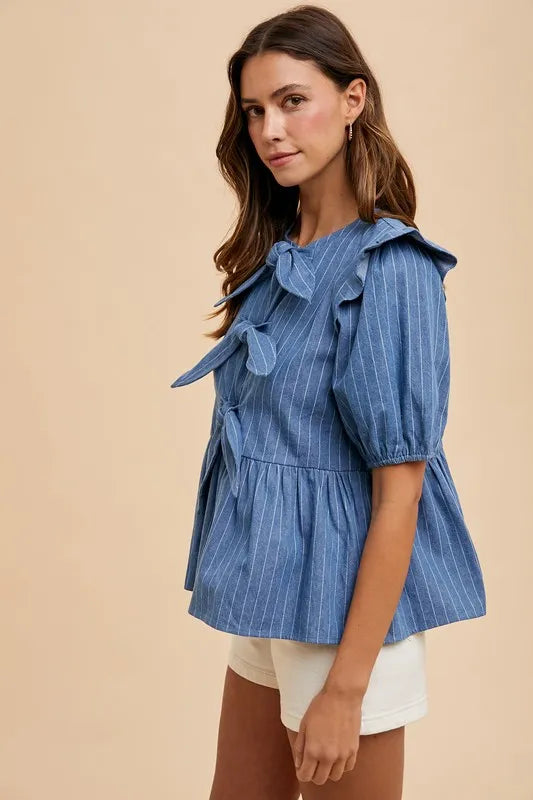Denim Bow Peplum Top with Ruffle Sleeves and Tie Details in Light Blue Stripe