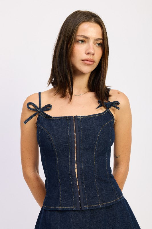 Emory Park Denim Bustier Top With Zipper featuring adjustable tie straps and a sleek fit