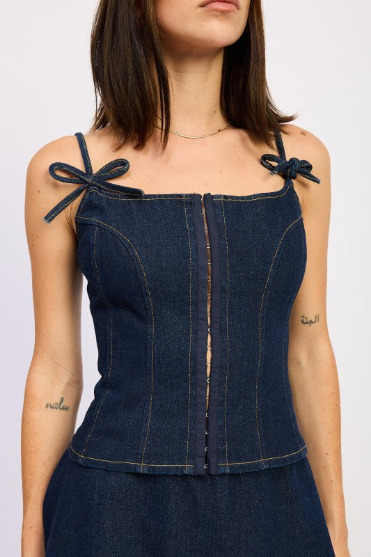 Emory Park Denim Bustier Top With Zipper featuring adjustable tie straps and a fitted design