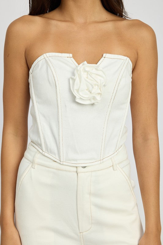 Emory Park Denim Corset Top With Rosette Detail in white strapless design with central rosette embellishment